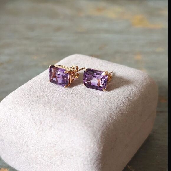 HP💎14k💎Gold Vintage Clyde Duneier Amethyst Emerald Cut Earrings NEW/NOS - Picture 3 of 10